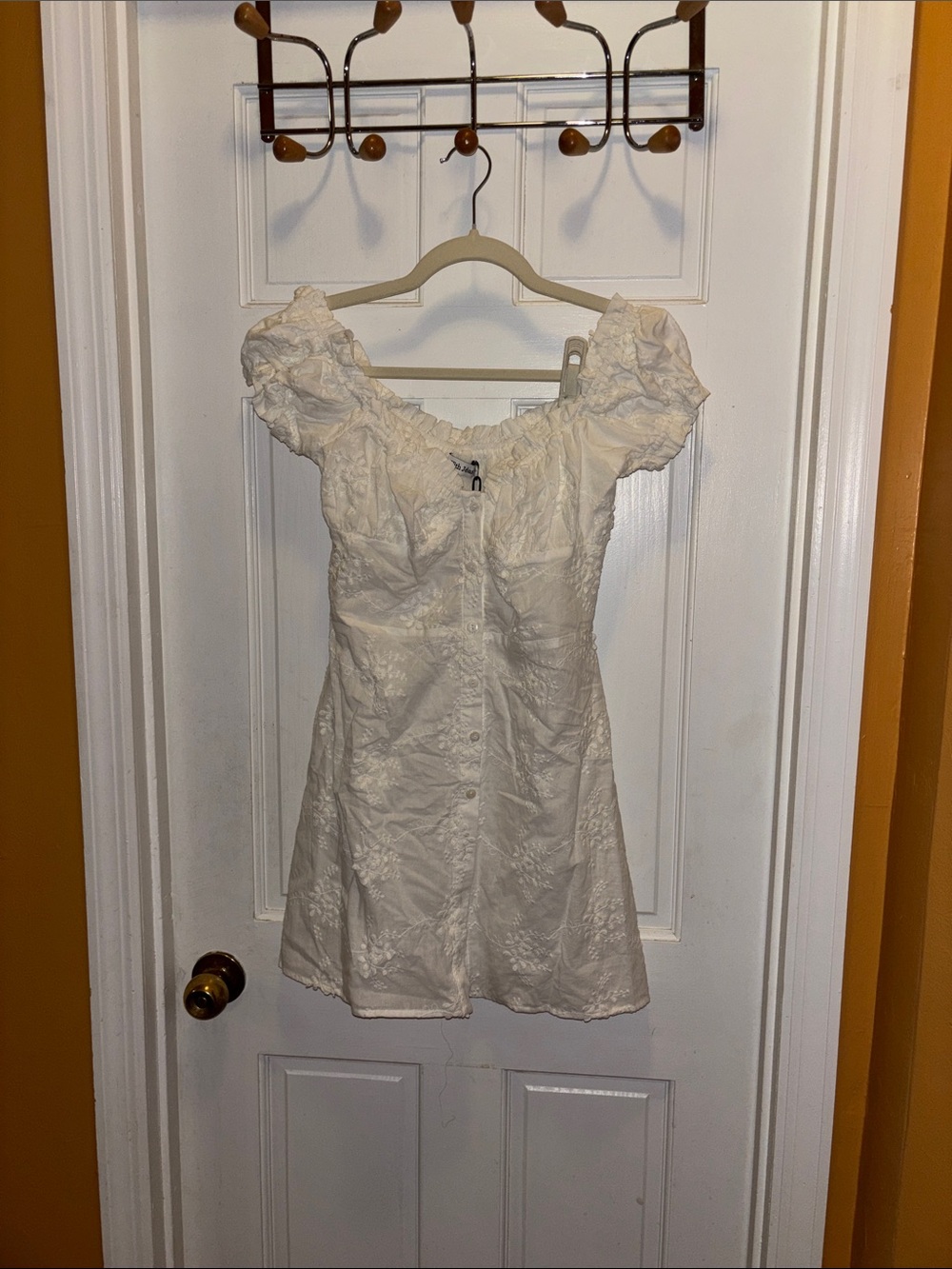 With Jean NWT White Puff Sleeve Eyelet Button Front Mini Dress